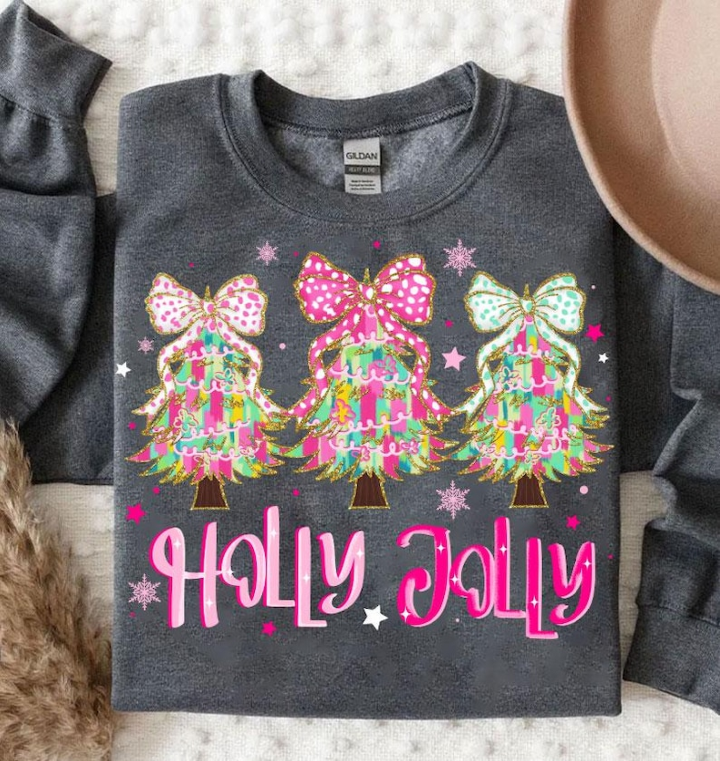 Holly Jolly Christmas Trees pink bow DTF TRANSFER PRINT TO ORDER 642