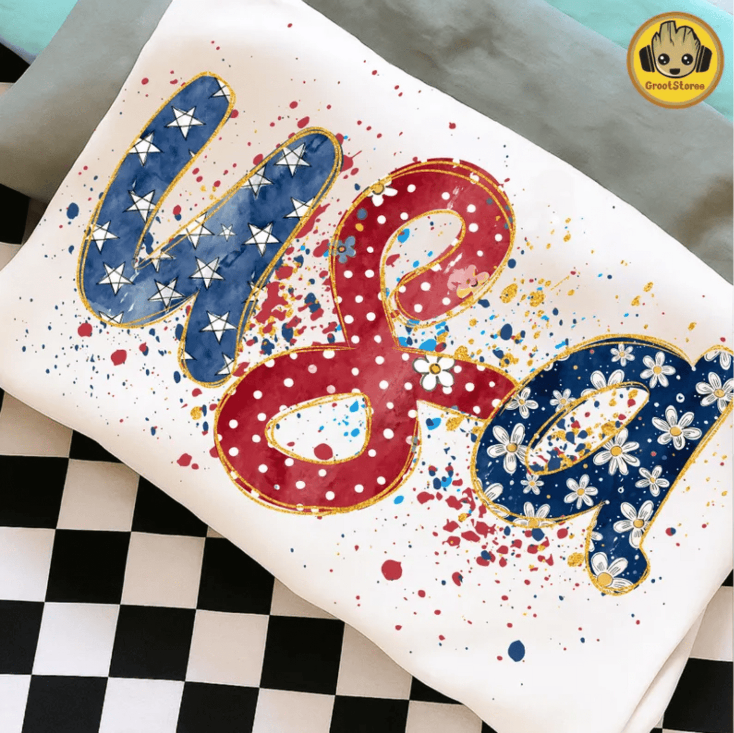 RTS USA RED WHITE BLUE POLKA FLOWERS DTF DIRECT TO FILM transfers ADULT 10X11.5 - Do it yourself Transfers