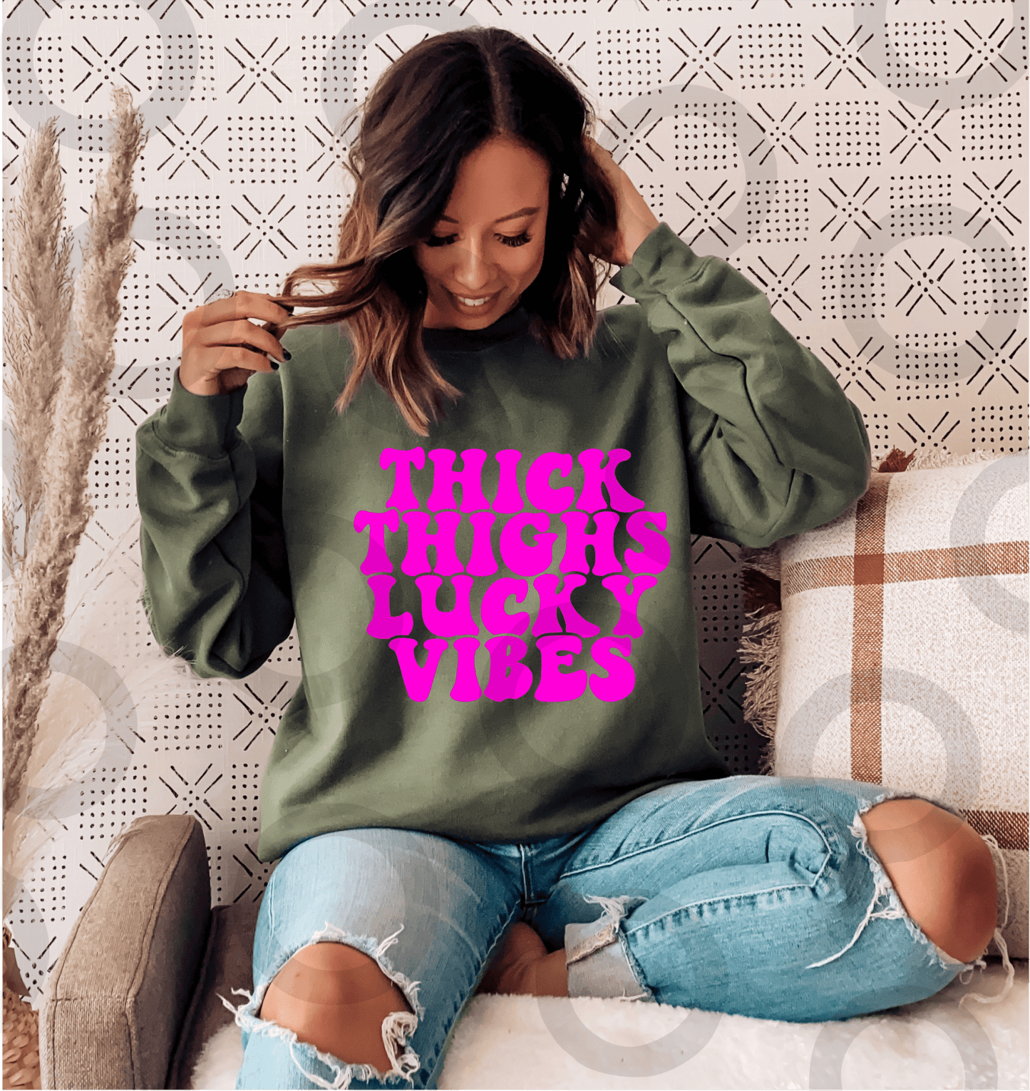 THICK THIGHS LUCKY VIBES neon pink SINGLE COLOR size ADULT DTF TRANSFERPRINT TO ORDER - Do it yourself Transfers