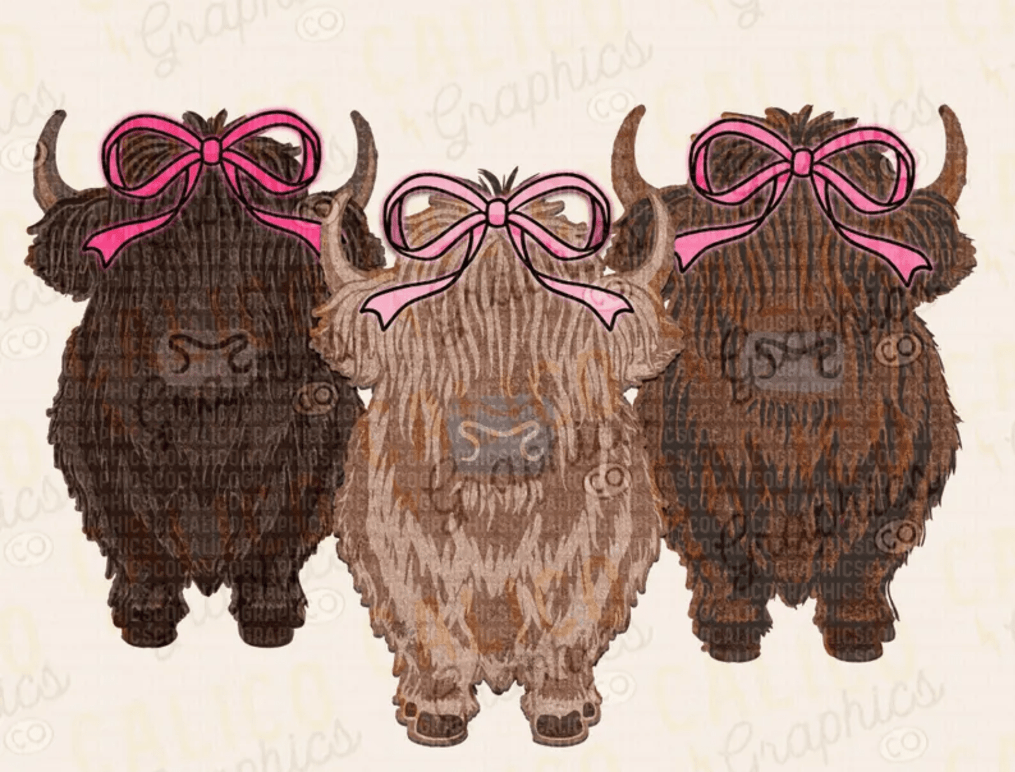 TRANSFER TUESDAY SHIPS FEB 25th Highland brown cows' pink bows DTF DIRECT TO FILM transfers size ADULT 10x12 - Do it yourself Transfers
