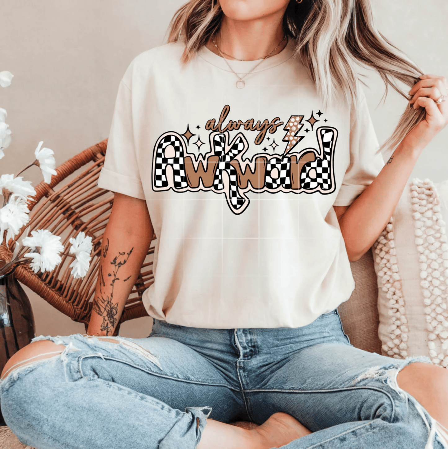 TRANSFER TUESDAY SHIPS JAN 21ST Always Awkward brown checker DTF DIRECT TO FILM transfers size ADULT 9x12 - Do it yourself Transfers