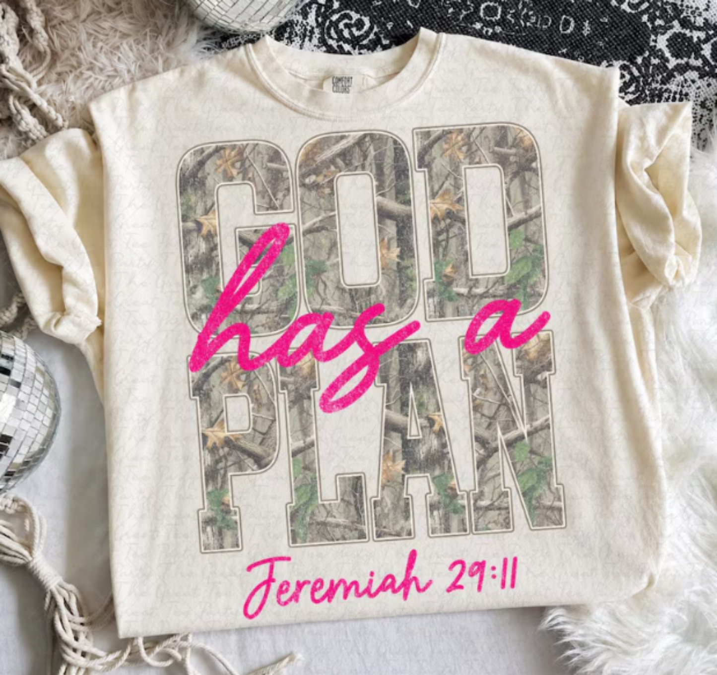 RTS GOD HAS A PLAN CAMO PINK DTF DIRECT TO FILM transfers ADULT 10.5X11.5