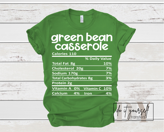 GREEN BEAN CASSEROLE Thanksgiving label SINGLE COLOR WHITE  size ADULT  DTF TRANSFERPRINT TO ORDER