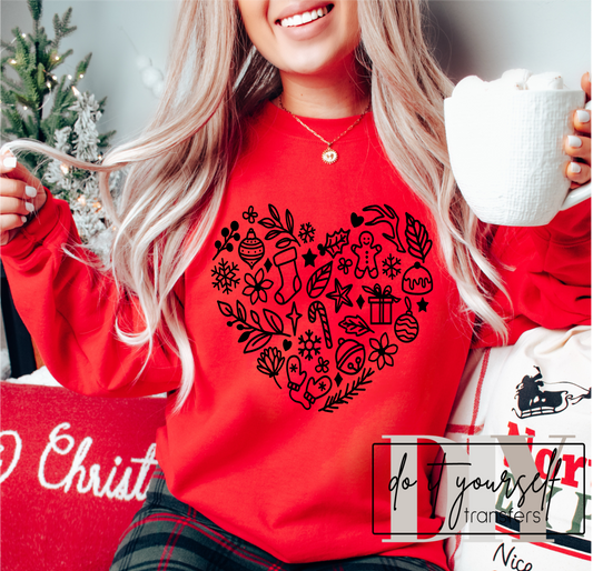 HEART Christmas Winter SINGLE COLOR BLACK  size ADULT  DTF TRANSFERPRINT TO ORDER