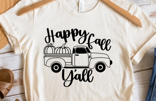 Happy Fall y'all truck pumpkins SINGLE COLOR BLACK  size ADULT  DTF TRANSFERPRINT TO ORDER