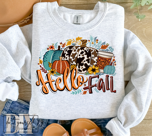 RTS Hello FALL cow print coffee orange maroon leaves MATTE BREATHABLE CLEAR FILM SCREEN PRINT TRANSFER ADULT 10x12