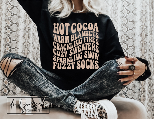 RTS Hot cocoa warm blankets crackling fired cozy sweaters SINGLE COLOR TAN Screen Print transfers size ADULT 10X12