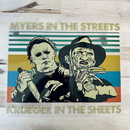 RTS MYERS IN THE STREET KRUEGER IN THE SHEET HALLOWEEN CLEAR FILM SCREEN PRINT TRANSFER ADULT 10X12