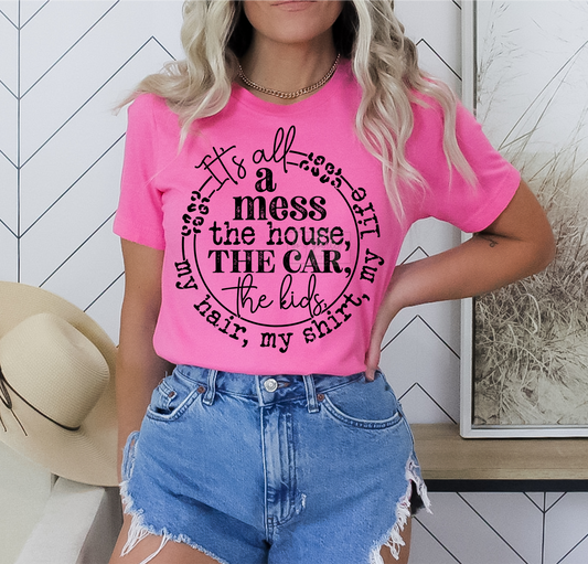 RTS It's all a mess the house, the car, the kids my, my hair,my shirt, my life SINGLE COLOR BLACK CLEAR FILM Screen Print transfers size ADULT 10X11  7-P