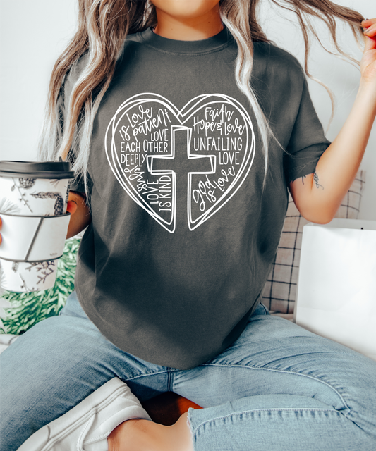 LOVE  is patient faith hope CROSS HEART SINGLE COLOR WHITE  size ADULT  DTF TRANSFERPRINT TO ORDER