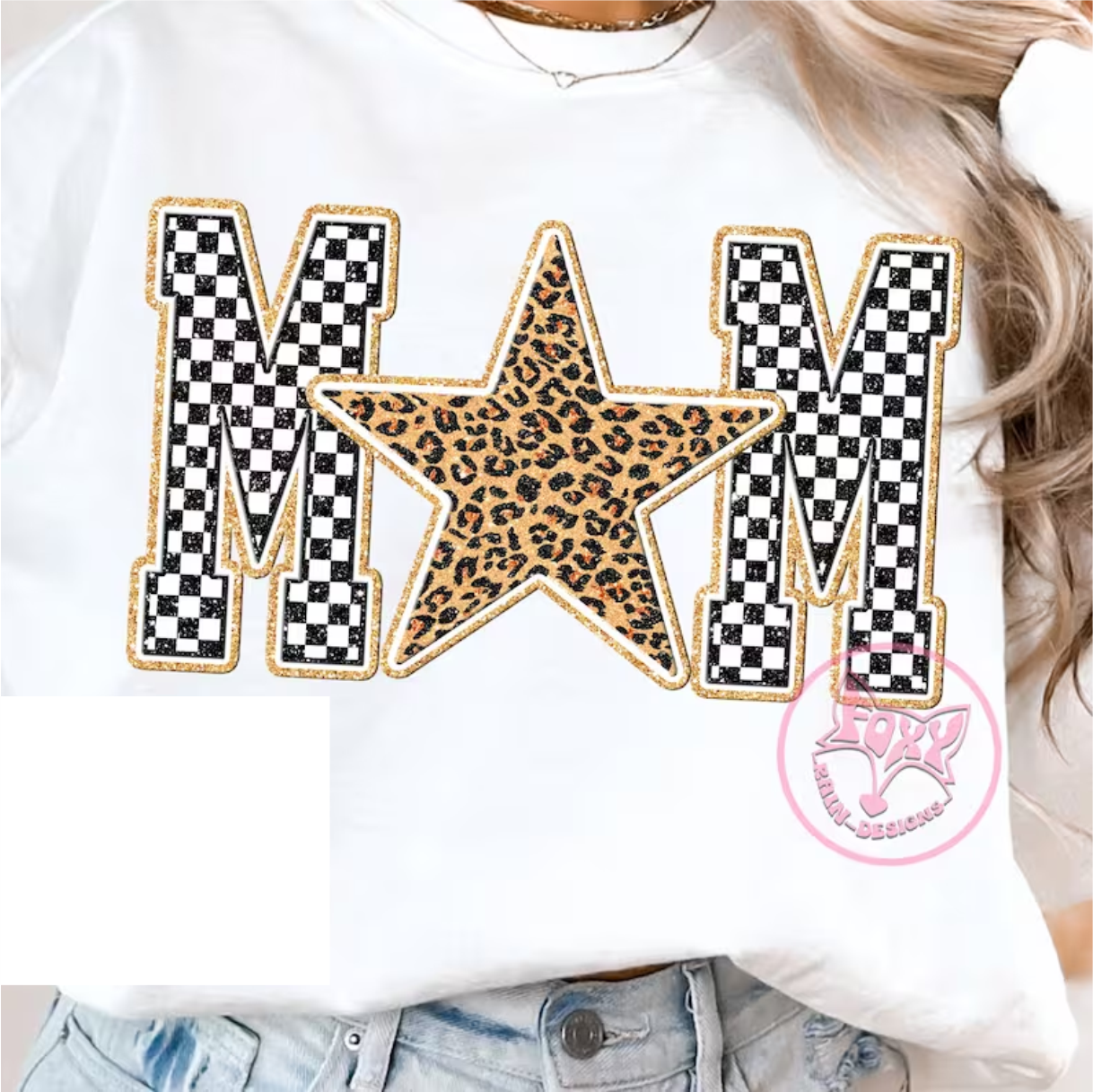 RTS MOM checkered star gold MATTE BREATHABLE CLEAR FILM SCREEN PRINT TRANSFER ADULT 8X12