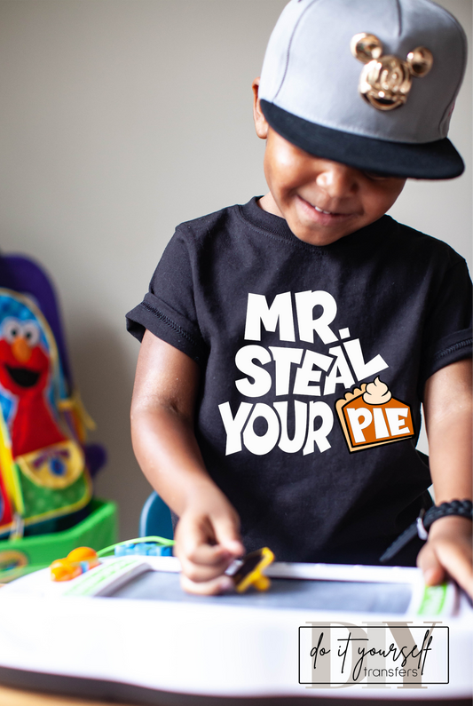 RTS MR. Steal your pie Thanksgiving MATTE BREATHABLE CLEAR FILM SCREEN PRINT TRANSFER KIDS 9X7