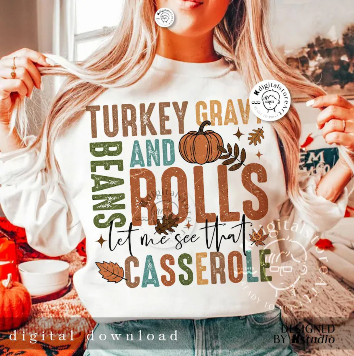 RTS TURKEY GRAVY BEANS ROLLS CASSEROLE DTF DIRECT TO FILM transfers ADULT 10.5X11.5