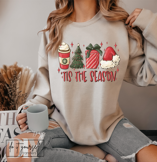Tis the Season Christmas coffee present tree santa hat red  ADULT  DTF TRANSFERPRINT TO ORDER
