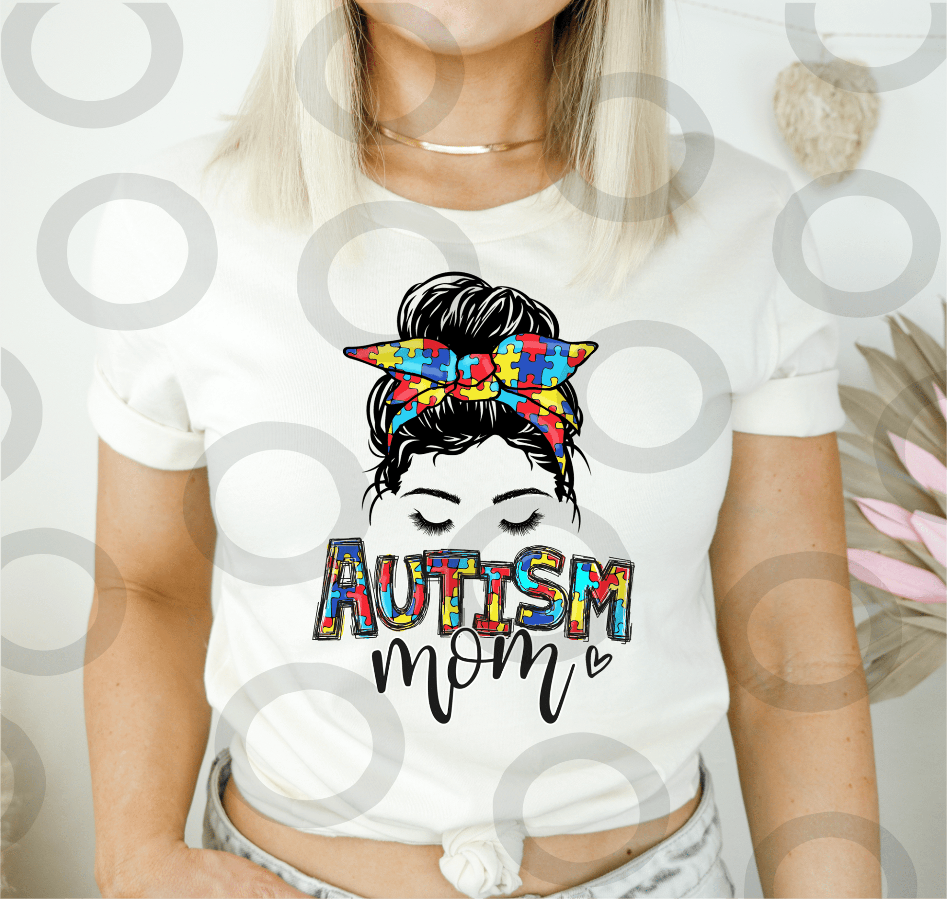 Autism Mom Messy mom bun puzzle size ADULT DTF TRANSFERPRINT TO ORDER - Do it yourself Transfers