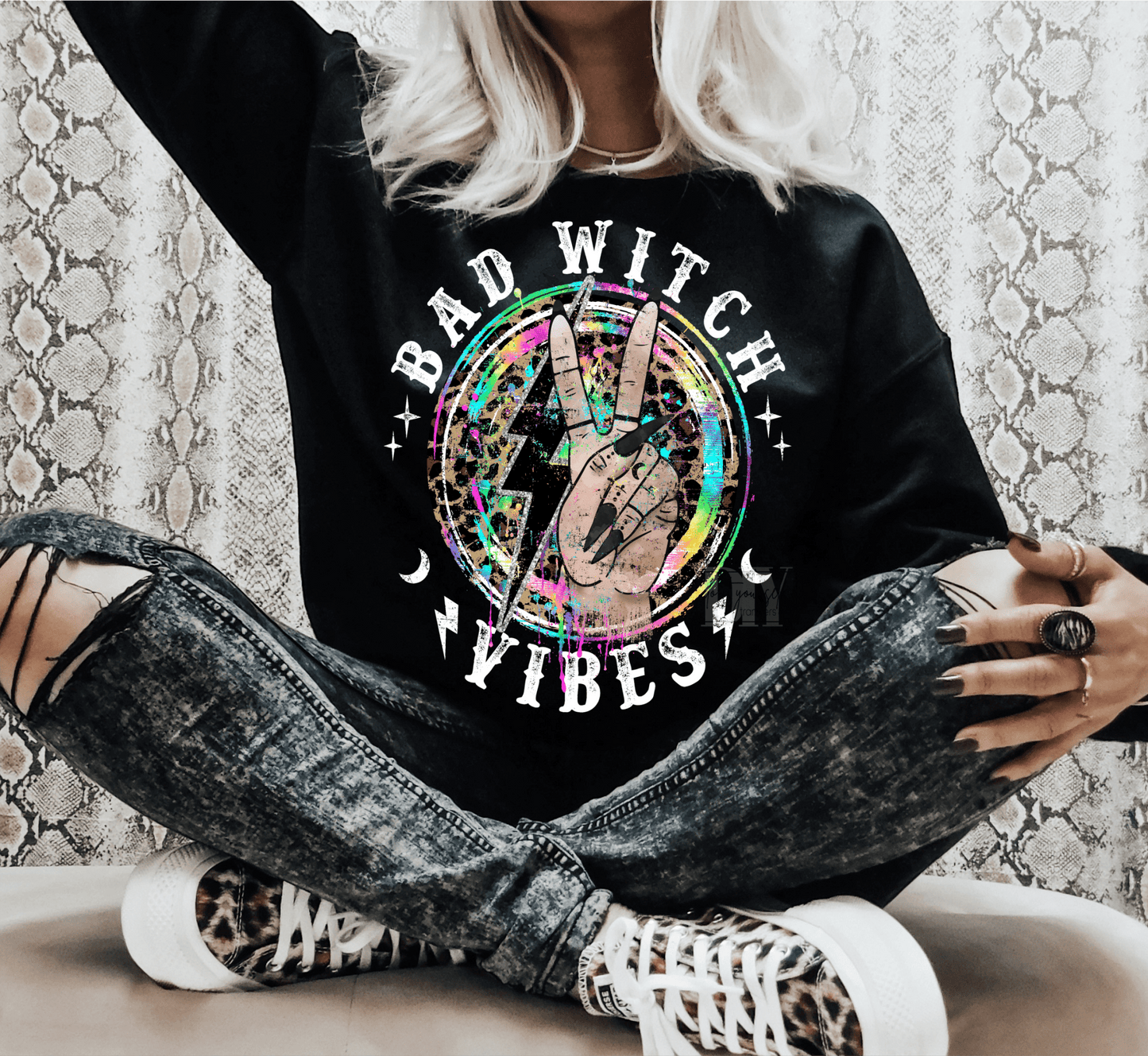 Bad witch vibes peace sign leopard lighting bolt Halloween GLOW IN THE DARK ADULT DTF TRANSFERPRINT TO ORDER - Do it yourself Transfers