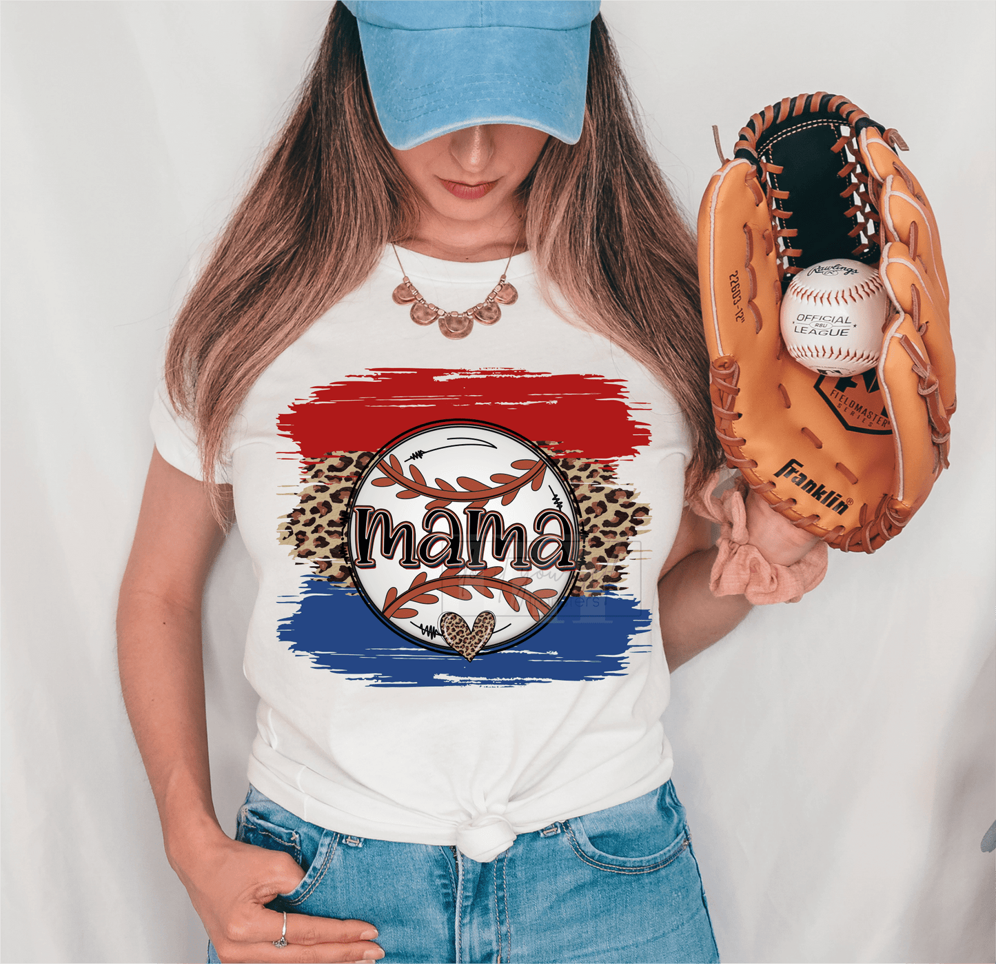 Baseball mama leopard red blue frame size ADULT DTF TRANSFERPRINT TO ORDER - Do it yourself Transfers