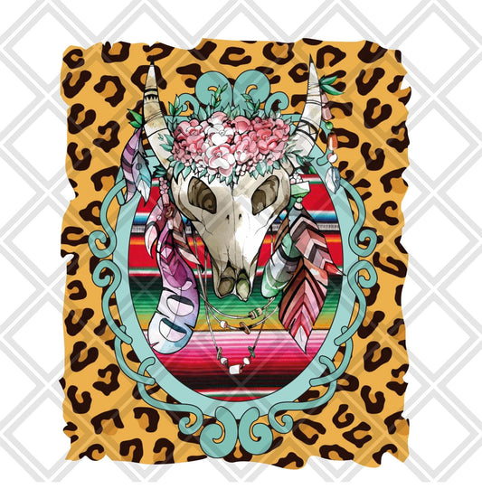 Bull skull Leopard frame feathers png Digital Download Instand Download - Do it yourself Transfers