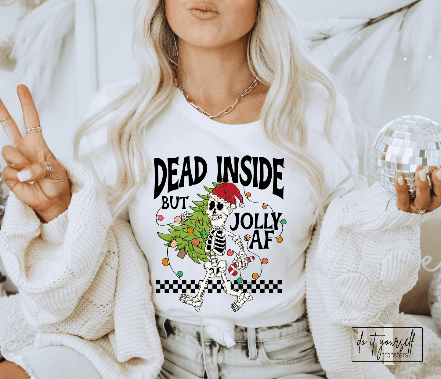 Dead inside but Jolly AF Christmas Skull tree lights ADULT DTF TRANSFERPRINT TO ORDER - Do it yourself Transfers