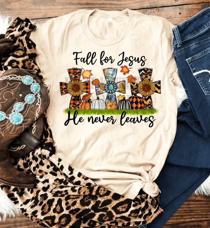 Fall for Jesus He never leaves Cross pumpkins sunflower adult size DTF TRANSFERPRINT TO ORDER - Do it yourself Transfers