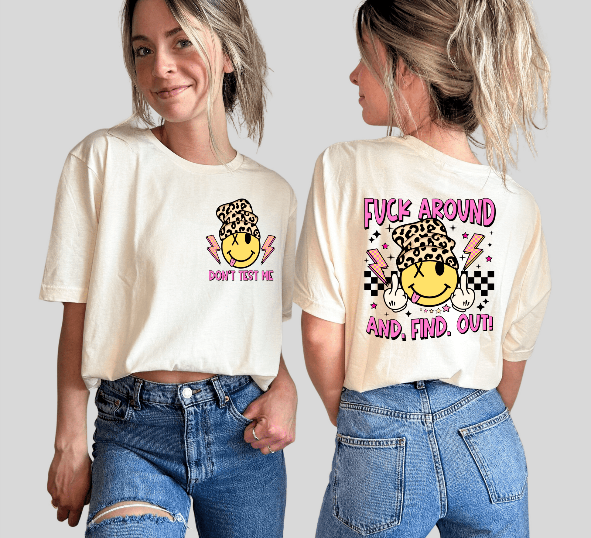 Fuck around and find out don't test me smiley face beanie ADULT FRONT BACK DTF TRANSFERPRINT TO ORDER - Do it yourself Transfers