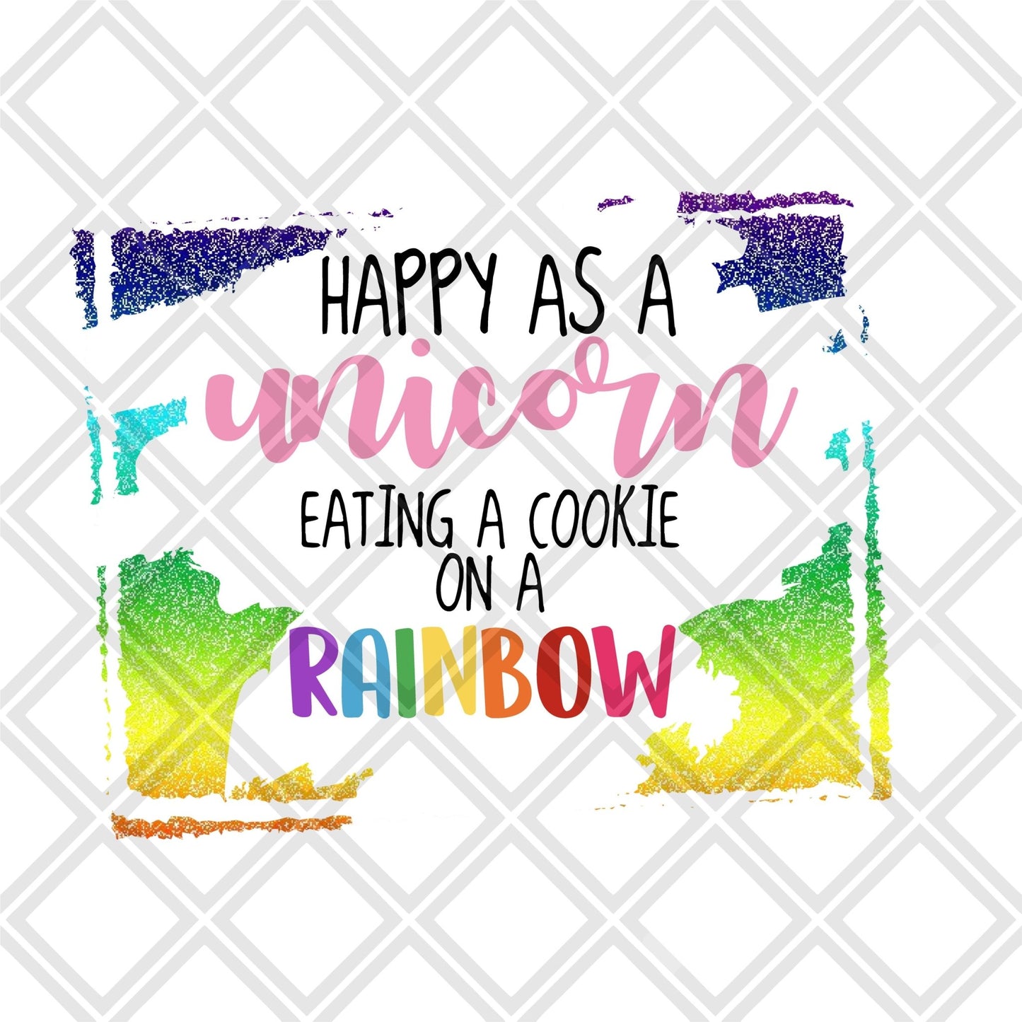 Happy as a unicorn eating a cookie on a Rainbow DTF TRANSFERPRINT TO ORDER - Do it yourself Transfers