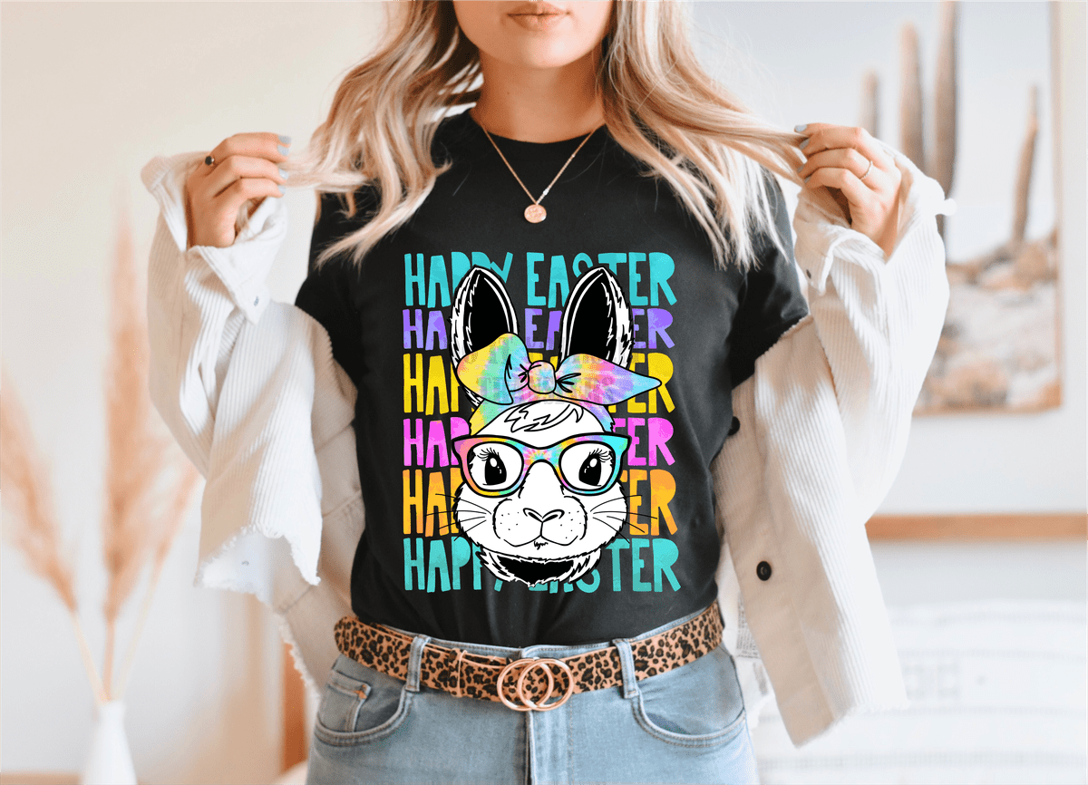 Happy Easter Happy Easter tie dye glasses bunny size ADULT DTF TRANSFERPRINT TO ORDER - Do it yourself Transfers