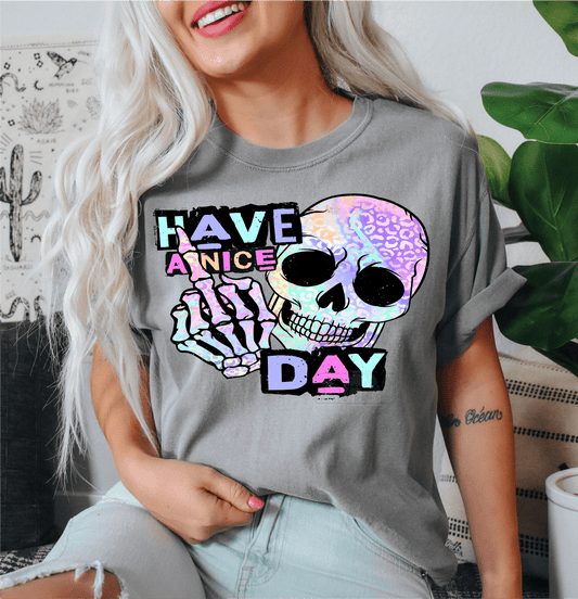 Have a Nice Day skull finger leopard size ADULT DTF TRANSFERPRINT TO ORDER - Do it yourself Transfers