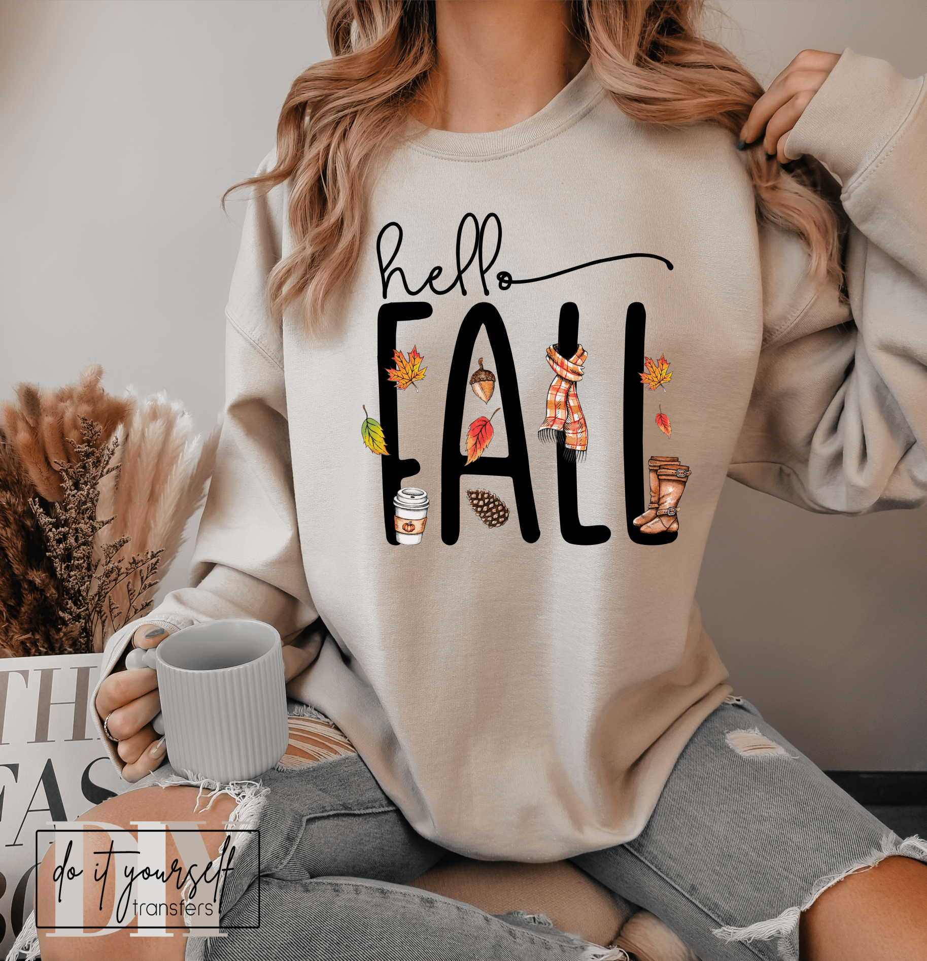 Hello FALL coffee boots leaves ADULT DTF TRANSFERPRINT TO ORDER - Do it yourself Transfers