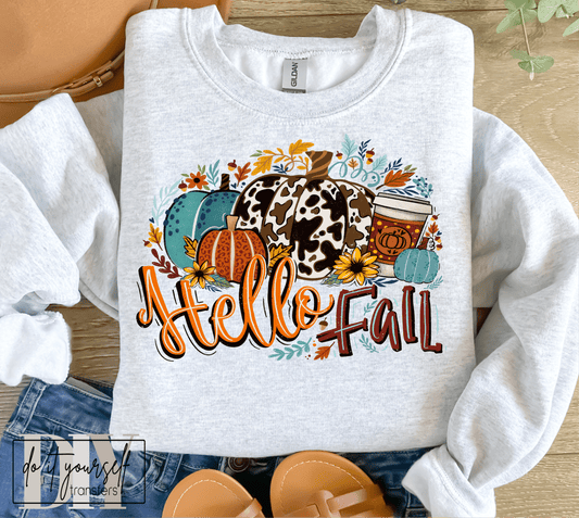 Hello FALL cow print coffee orange maroon leaves DTF TRANSFER PRINT TO ORDER 660 - Do it yourself Transfers