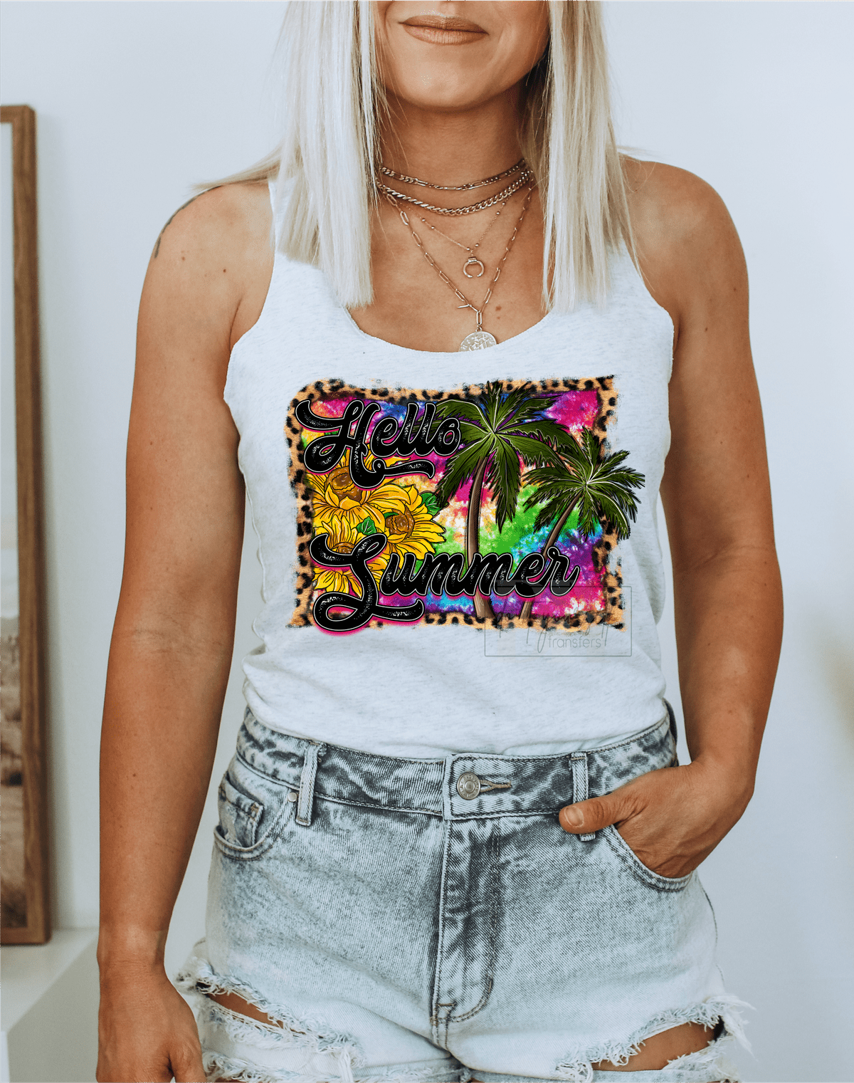 Hello Summer Palm trees Sunflowers leopard tie dye frame size ADULT 12x9 DTF TRANSFERPRINT TO ORDER - Do it yourself Transfers