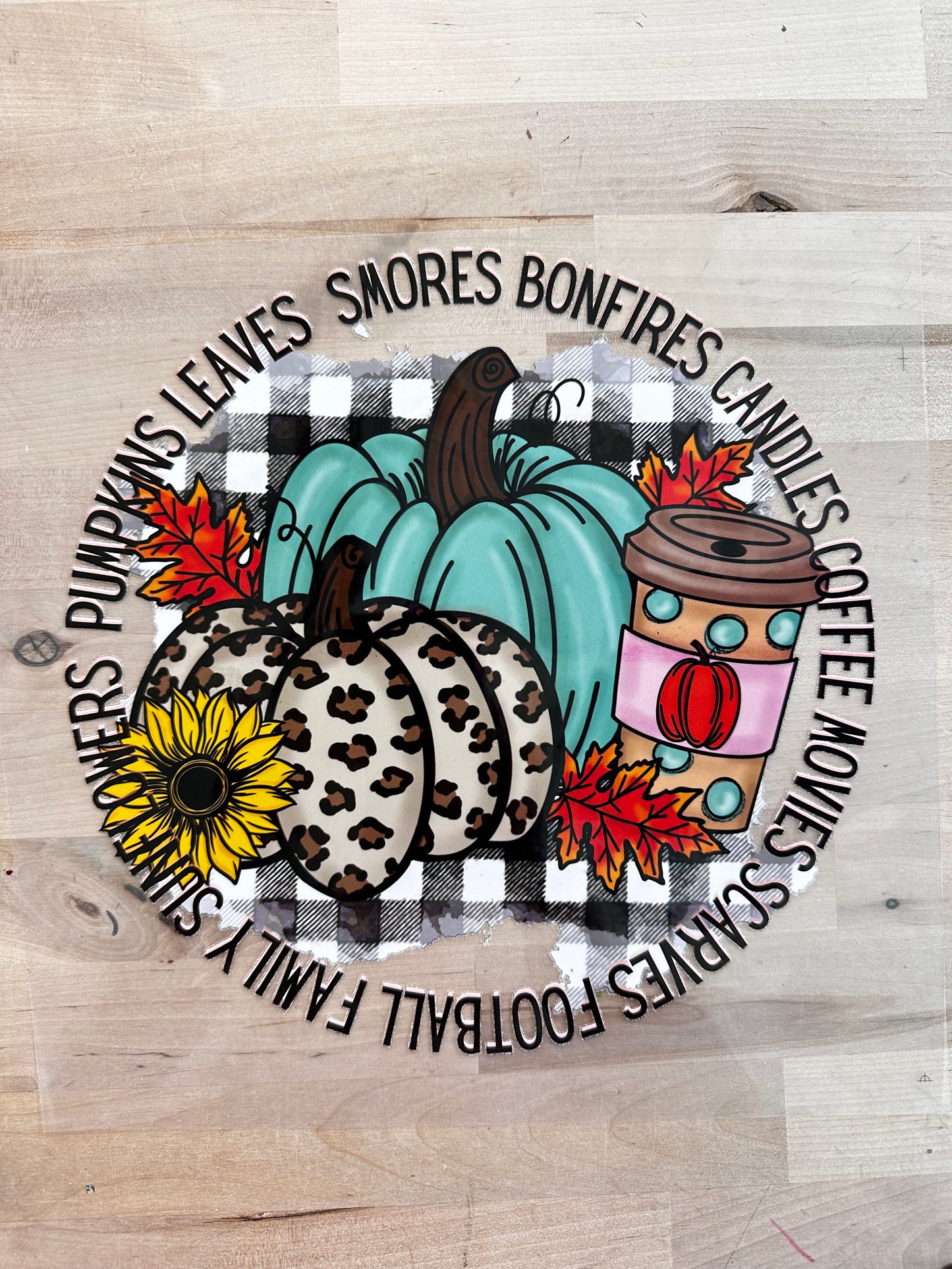 pumpkins leaves s’mores bonfires candles fall Clear film  size ADULT 9x10 DTF TRANSFERPRINT TO ORDER