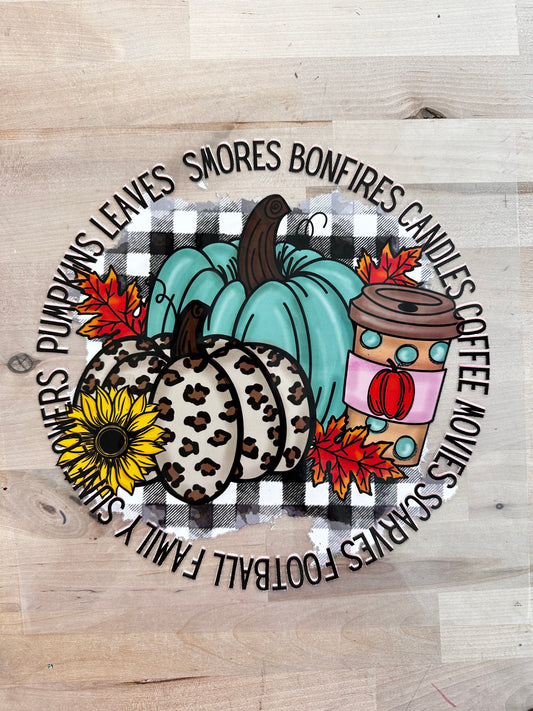 pumpkins leaves s’mores bonfires candles fall Clear film  size ADULT 9x10 DTF TRANSFERPRINT TO ORDER