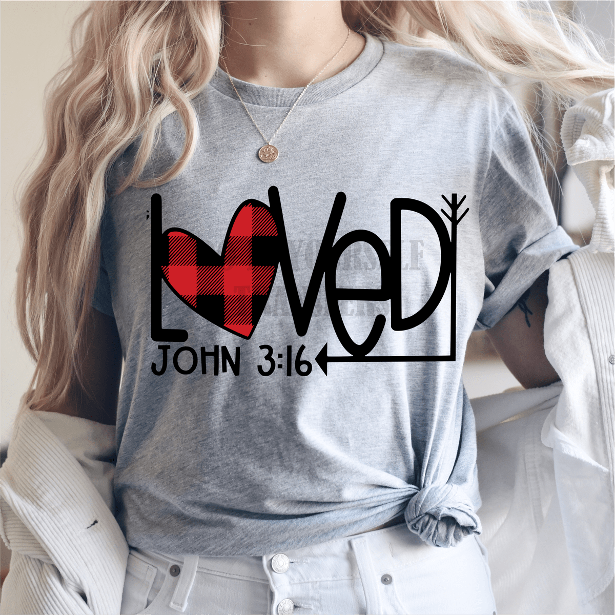 Loved jonh 3:16 Valentine buffalo plaid heart size ADULT 7.5x12 DTF TRANSFERPRINT TO ORDER - Do it yourself Transfers