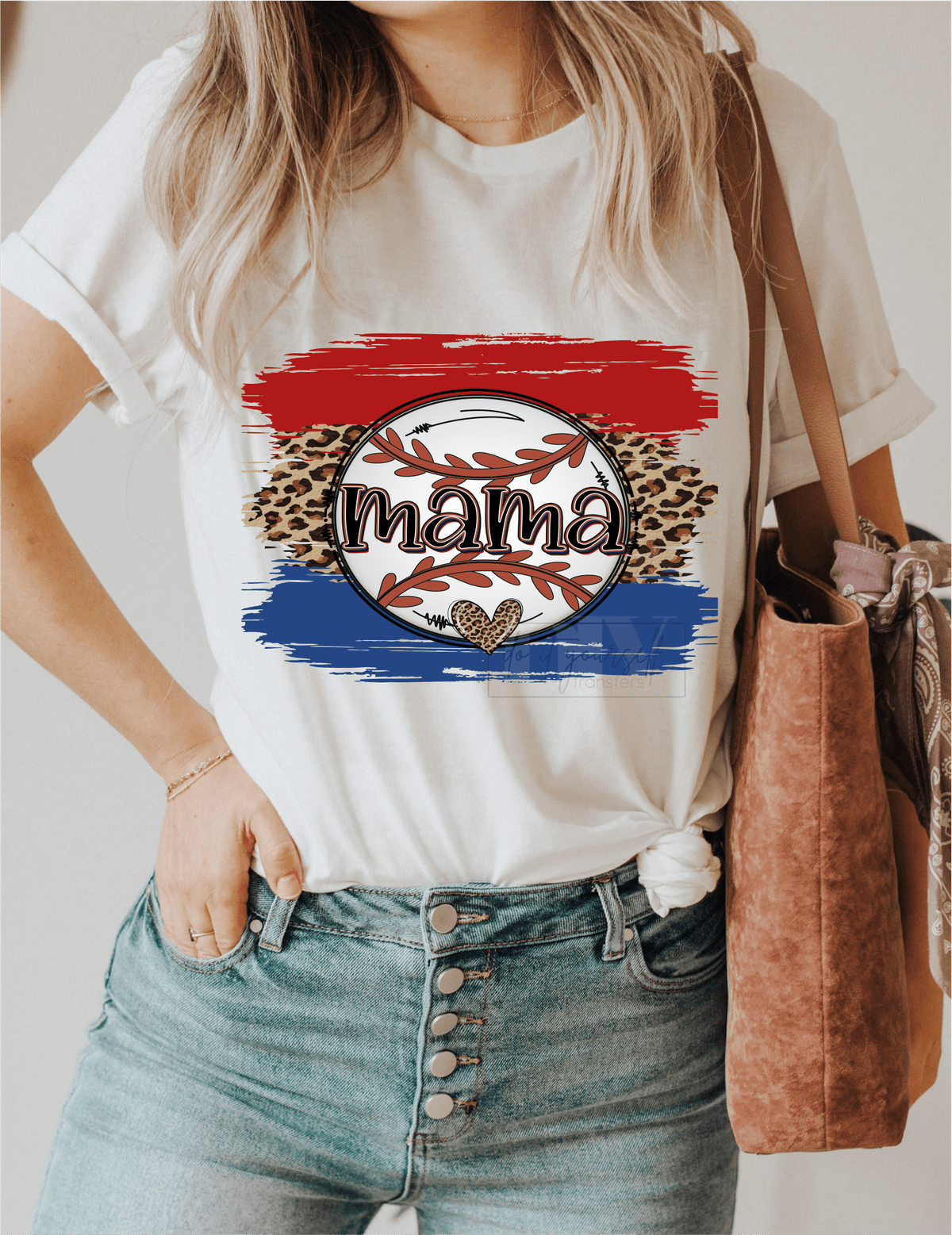 Mama Baseball RED WHITE BLUE leopard frame size ADULT DTF TRANSFERPRINT TO ORDER - Do it yourself Transfers