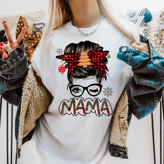 Mama Christmas Messy bun Holiday Snowflakes size ADULT DTF TRANSFERPRINT TO ORDER - Do it yourself Transfers