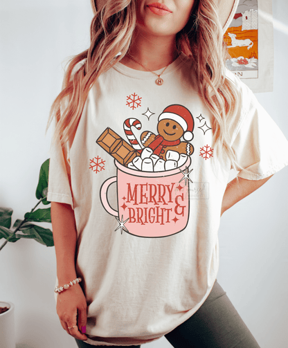 Merry & Bright Coffee Cup Hot coco Gingerbread size ADULT 12x11 DTF TRANSFERPRINT TO ORDER - Do it yourself Transfers