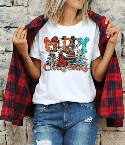 Merry Christmas cow print trees size ADULT DTF TRANSFERPRINT TO ORDER - Do it yourself Transfers