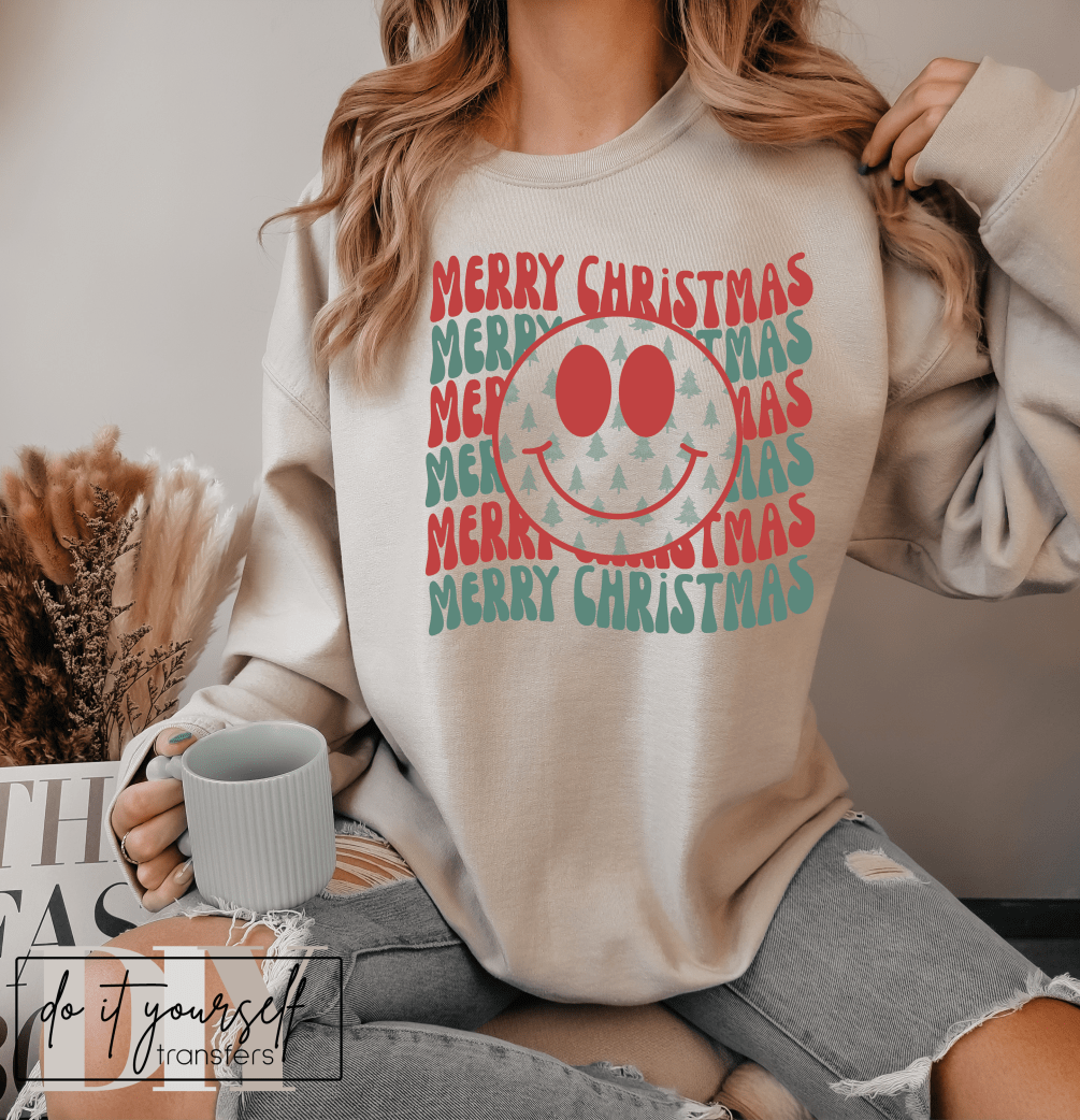 Merry Christmas Merry Christmas smiley face red green trees ADULT DTF TRANSFERPRINT TO ORDER - Do it yourself Transfers