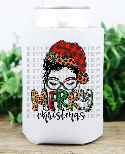 Merry Christmas mom bun glasses leopard / size DTF TRANSFERPRINT TO ORDER - Do it yourself Transfers