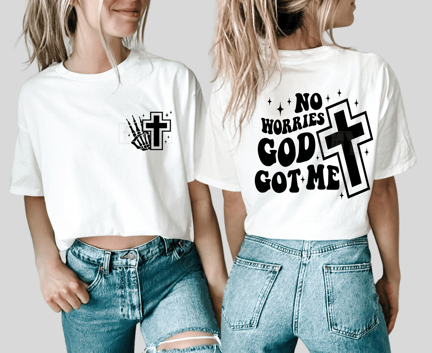 No Worries God got me cross SINGLE COLOR BLACK SCREEN PRINT TRANSFER ADULT FRONT BACK DTF TRANSFERPRINT TO ORDER - Do it yourself Transfers