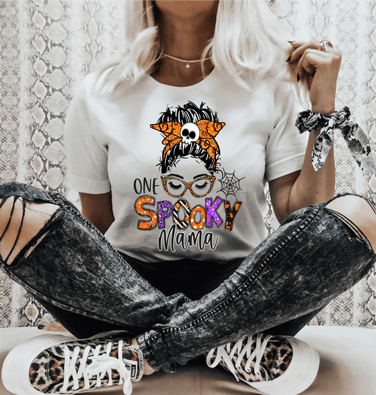 One Spooky Mama Messy Bun mom Halloween size ADULT 9.1x12 DTF TRANSFERPRINT TO ORDER - Do it yourself Transfers