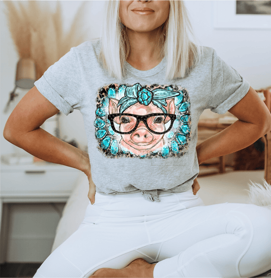 Pig with Glasses Turquoise stone Bandana size ADULT DTF TRANSFERPRINT TO ORDER - Do it yourself Transfers