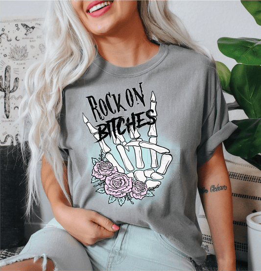 Rock on Bitches Skull hands flowers size DTF TRANSFERPRINT TO ORDER - Do it yourself Transfers