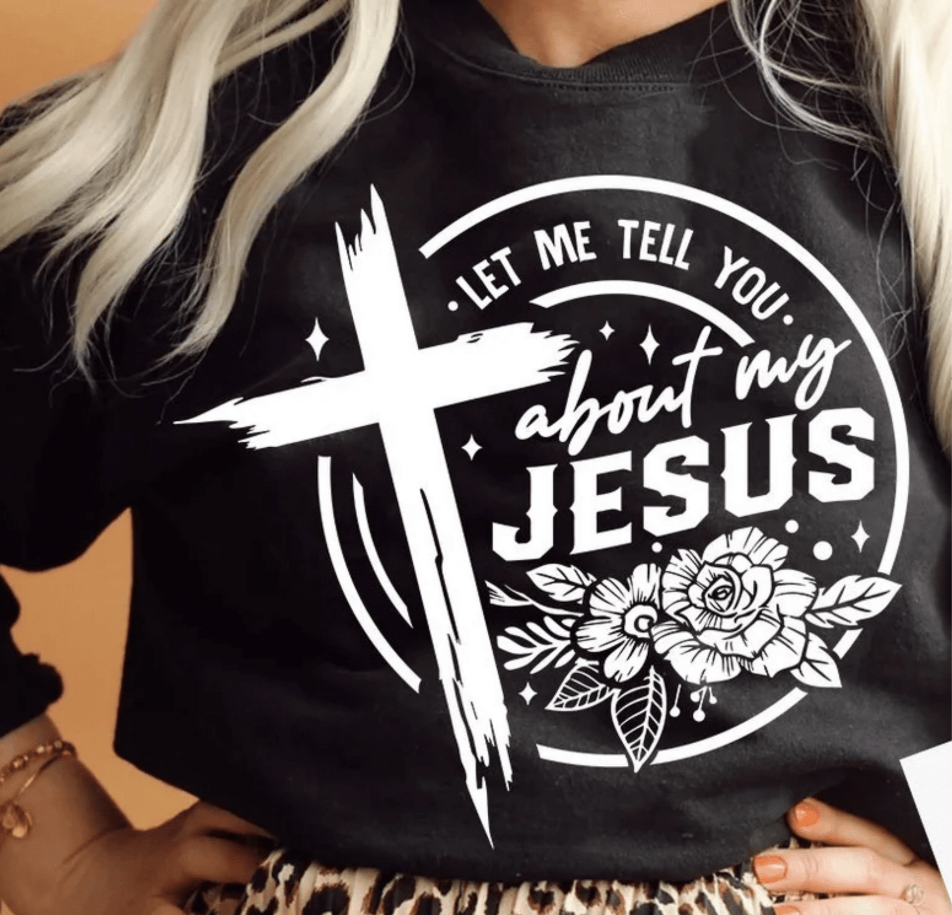 RTS Let me tell you about my Jesus circle cross SINGLE COLOR WHITE Screen Print transfers size ADULT 10x12 - Do it yourself Transfers