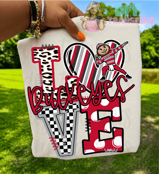 RTS LOVE BUCKEYES RED GREY DTF DIRECT TO FILM transfers ADULT 10X11.5 - Do it yourself Transfers