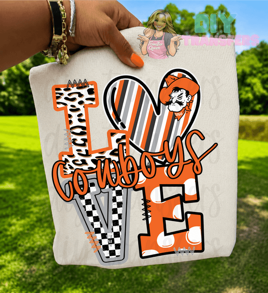 RTS LOVE COWBOYS ORANGE BLACK DTF DIRECT TO FILM transfers ADULT 10X11.5 - Do it yourself Transfers