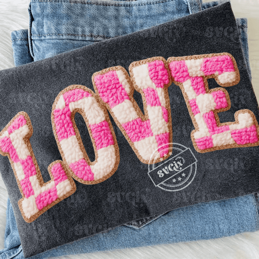 RTS LOVE PINK WHITE CHECKER YARN FAUX DTF DIRECT TO FILM transfers ADULT 9X12 - Do it yourself Transfers