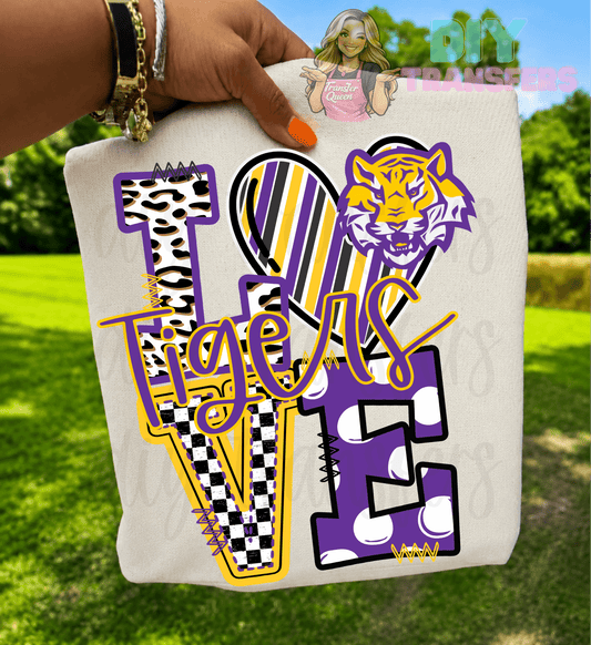 RTS LOVE TIGERS PURPLE GOLD DTF DIRECT TO FILM transfers ADULT 10X11.5 - Do it yourself Transfers