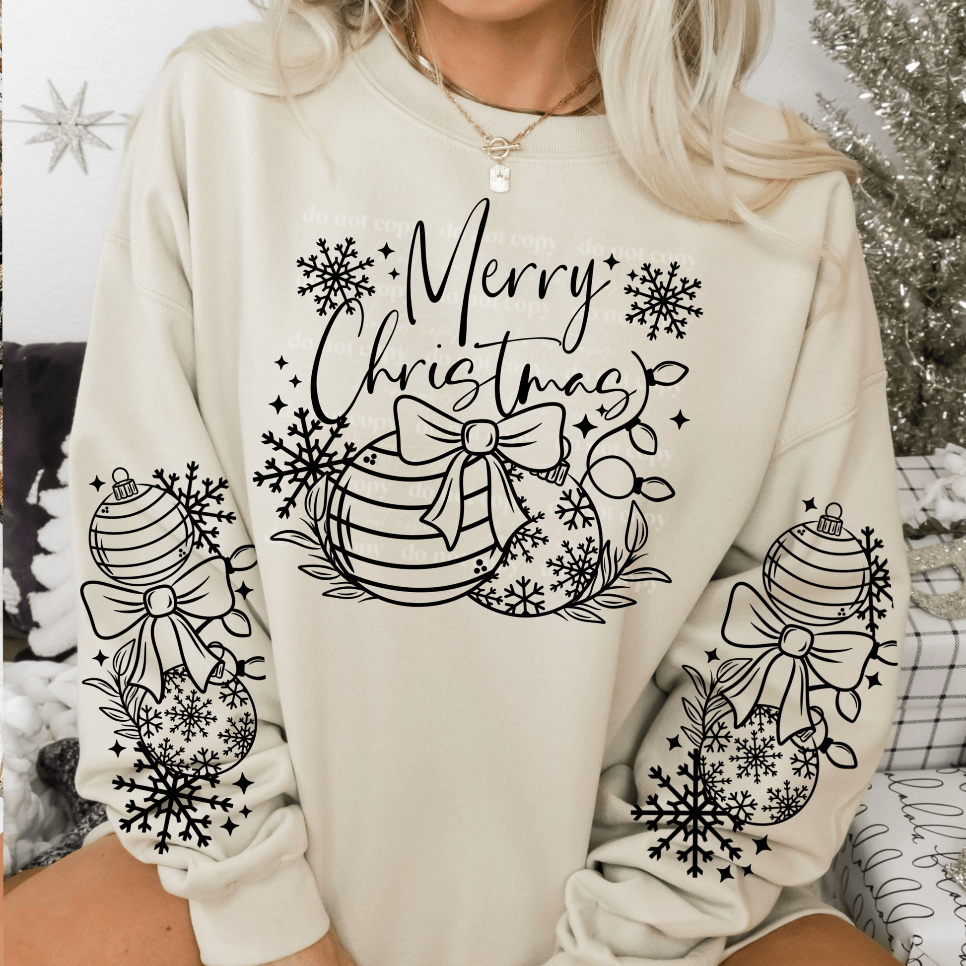 RTS Merry Christmas bow balls lights SINGLE COLOR BLACK Screen Print transfers size ADULT 10X12 - Do it yourself Transfers